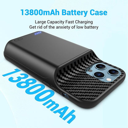 Battery Case for iPhone 12, 12 Pro (6.1 inch), Upgrade 13800mah Portable Slim Battery Charging Case, Rechargeable Charger External Charging Case with Tempered Glass Screen Protector Black