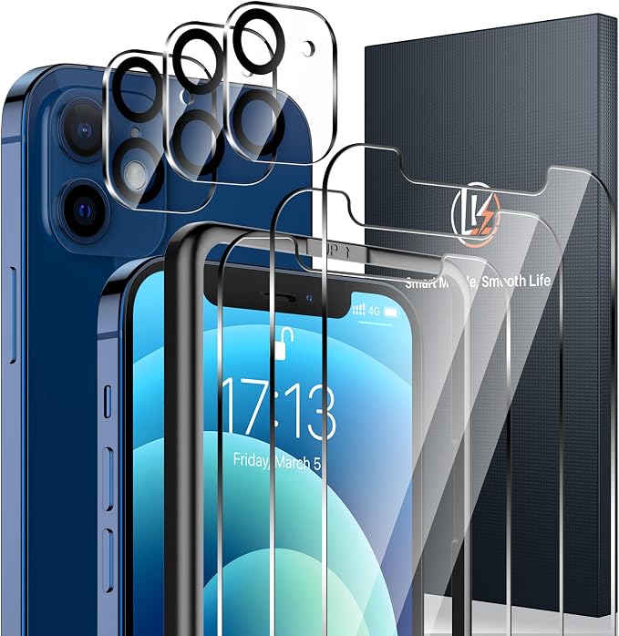 [3+3+1] LK 3 Pack iPhone 12 Screen Protector + 3 Pack Lens Protector with Alignment Frame, [9H] Tempered Glass, Scratch-Proof, Bubble-Free, Smooth Touch Screen Protector for iPhone 12, Clear, 6.1-inch