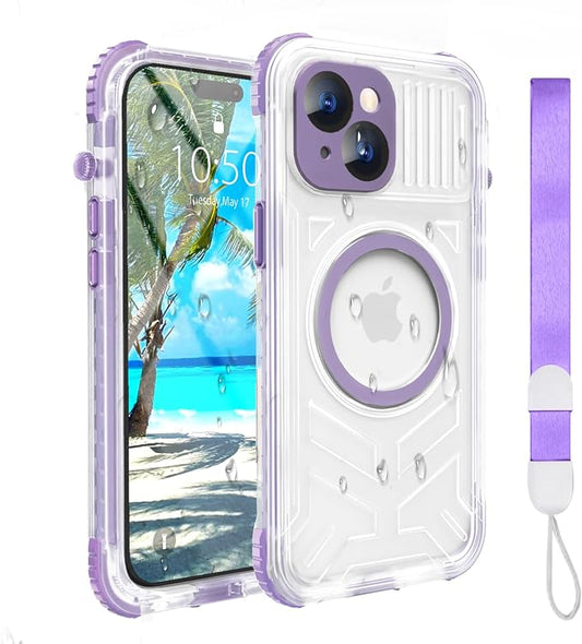 for iPhone 15 Waterproof Case Compatible with MagSafe, Translucent Slim IP68 Underwater Built-in Screen Protector, 12FT Military Grade, 360 Full Body Protective Cover 6.1 inch (Purple)