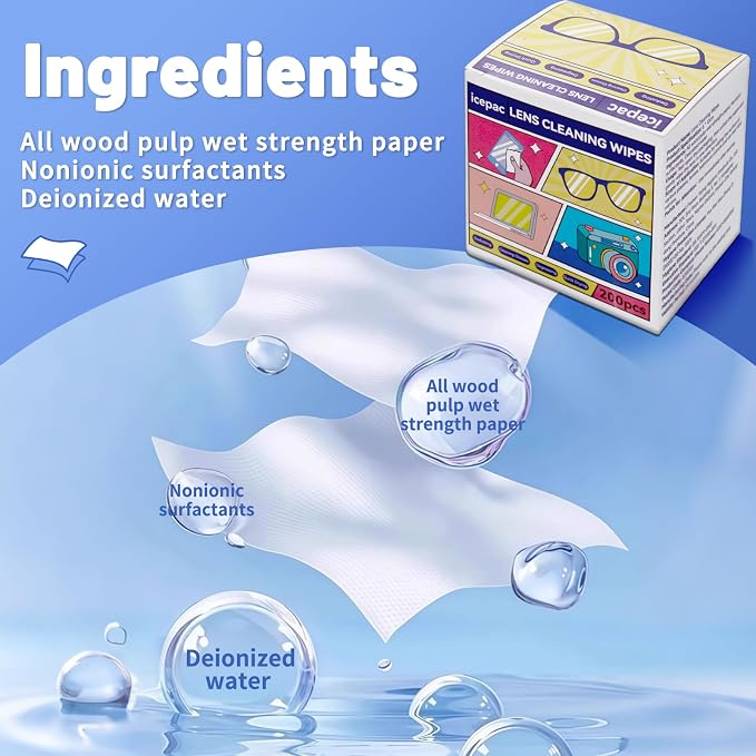 200 Pcs Cleaning Wipes for Glasses,Pre-Moistened Lens Cleaning Wipes, Computer & Laptops Screens, Smart Phones, Optical Lens, Goggles, and Watch Screen l Quick-Dry and Scratch-Free
