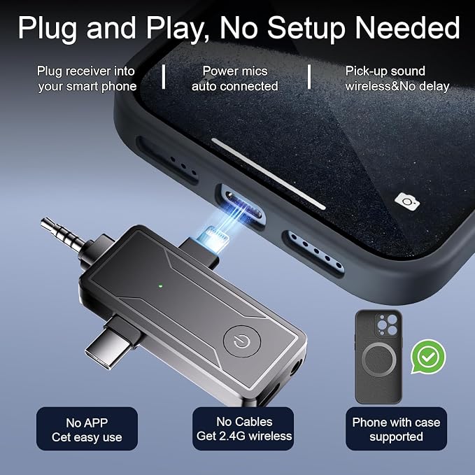 2-Pack Wireless Mini Lavalier Lapel Microphone for iPhone,Android Device(3 in 1) - 65ft Cordless Clip on Dual Mics with Noise Reduction 6H Working Time for Video Recording Vlogging, YouTube, Interview
