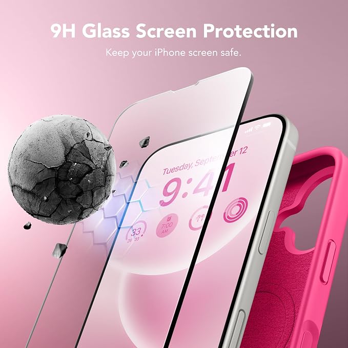 GONEZ Magnetic for iPhone 16 Case, Compatible with MagSafe, [Screen Protector + Camera Lens Protector], Liquid Silicone Shockproof Protective Phone Case for iPhone 16 6.1", Hot Pink