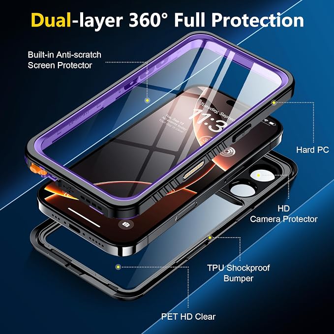 SPIDERCASE for iPhone 16 Pro Max Case Waterproof, [12FT Military Drop Proof] [IP68 Waterproof] [Full Body Protection] Heavy Duty Protective Cover for iPhone 16 Pro Max 6.9”, Purple