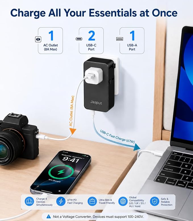 Jasput Universal Travel Adapter, 2026 Ultra-Slim Mini International Plug Adapter with 2 USB-C & 1 USB-A, PD 67W Fast Charging, 1 AC Outlet,Compatible with EU/UK/AU/Asia, Travel Essentials