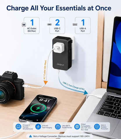 Jasput Universal Travel Adapter, 2026 Ultra-Slim Mini International Plug Adapter with 2 USB-C & 1 USB-A, PD 67W Fast Charging, 1 AC Outlet,Compatible with EU/UK/AU/Asia, Travel Essentials