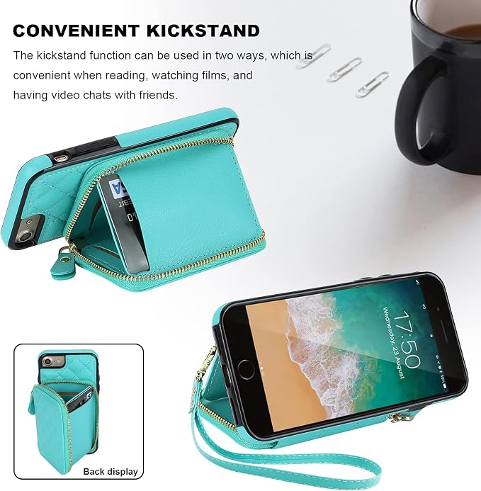 Bocasal Crossbody Wallet Case for iPhone SE 2022/SE 2020/8/7, RFID Blocking PU Leather Zipper Handbag Purse Flip Cover, Kickstand Folio Case Card Slots Holder Wrist Strap Lanyard 4.7 Inch (Mint Green)