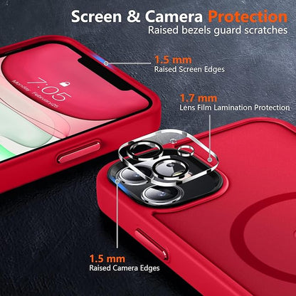 MOCCA Strong Magnetic for iPhone 11 Case,[Compatible with Magsafe][Glass Screen Protector+Camera Lens Protector] Slim Thin Shockproof Cover Case for iPhone 11 6.1 inch, Red