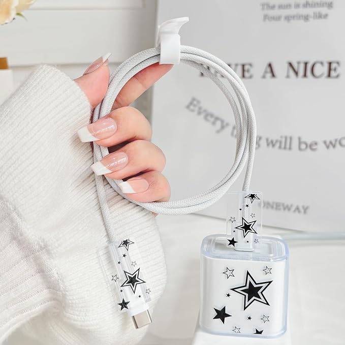 Lovmooful Compatible for iPhone 18W/20W USB-C Charger Cover Clear Lovely Star Design Soft Charger Protector Cute Cable Case Saver Protector for Girls Women-Black Star