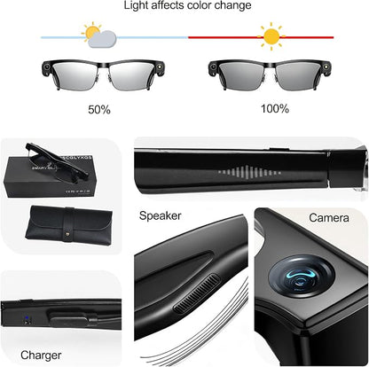 AI Smart Glasses with Camera, 8MP HD Video Recording, Real-Time Translation, Voice Assistant, camera glasses,ai glasses,Open-Ear Audio, Metal Frame, Auto Color-Changing Lenses for Travel & Vlogging
