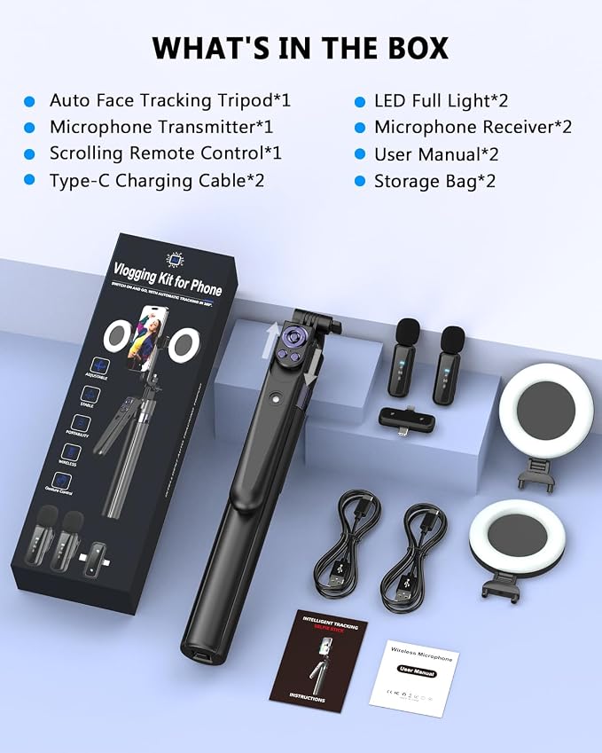 Vlogging Kit for iPhone/Android, 63”Auto Face Tracking Tripod for iPhone with Light, Wireless Microphones, Scrolling Remote Control for TikTok, Content Creator Kit for YouTube Starter