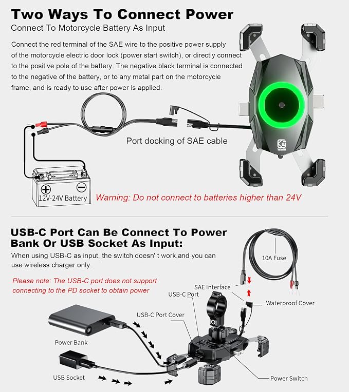 Kewig Motorcycle Phone Mount with Qi 15W Wireless Charger & USB C 20W Fast Charging Port, One-Push Automatically Lock & Quick Release Handlebar Phone Holder for 4.0-6.9" Phone