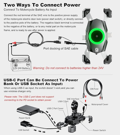 Kewig Motorcycle Phone Mount with Qi 15W Wireless Charger & USB C 20W Fast Charging Port, One-Push Automatically Lock & Quick Release Handlebar Phone Holder for 4.0-6.9" Phone