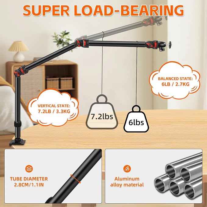 Taisioner Overhead Camera Mount Desk Stand 3-Section Articulated Arm with Heavy Duty C-Clamp 360° Ball Head 5LB Load Capacity Compatible with DSLR,Webcam,Lights,Microphone Live,YouTube,Online Courses