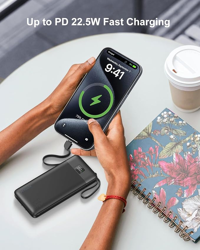 Portable Charger 10000mAh 22.5W PD 3.0+QC 4.0 Super Fast Charging Power Bank with Built-in Cables & AC Wall Plug, Slim External USB C Battery Pack for iPhone 17/16/15/14/13, Android, Samsung, iPad,etc
