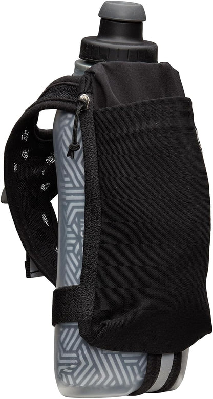 Nathan SpeedDraw 2 Insulated Handheld Running Water Bottle Flask – Double-Wall Insulation, Ergonomic Grip, Blast Valve Cap, Phone & Key Storage Pockets, Reflective Design - 18oz Insulated - Black