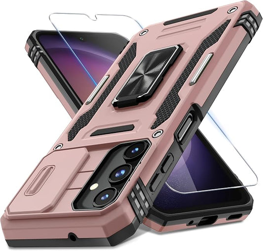 DEERLAMN Case for Samsung Galaxy A16 5G with Slide Camera Cover+Screen Protector (1 Pack), Rotated Ring Kickstand Military Grade Shockproof Protective Cover-Rose Gold
