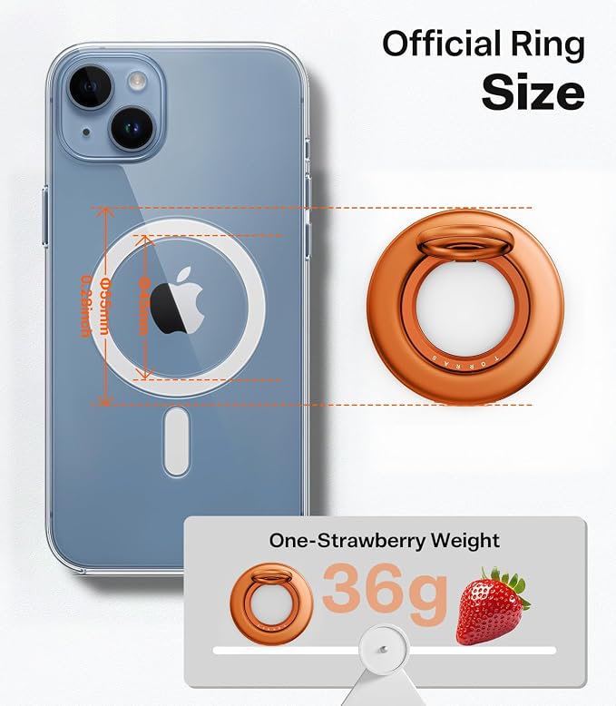 TORRAS 2025 Flagship Magnetic Phone Grip Ring Holder Kickstand [2-Sided Magnetic] [360 Rotation] Fit for MagSafe Accessories for iPhone 17 16 15 14 13 12 11 Samsung, Google, Orange