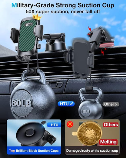 HTU 𝟐𝟎𝟐𝟔 𝐔𝐩𝐠𝐫𝐚𝐝𝐞𝐝 [True Military-Grade] Car Phone Holder【Safety Certs & No Smell】 Cell Phone Holder for Car Mount for Dashboard Windshield Air Vent Long Arm Thick Case,Green