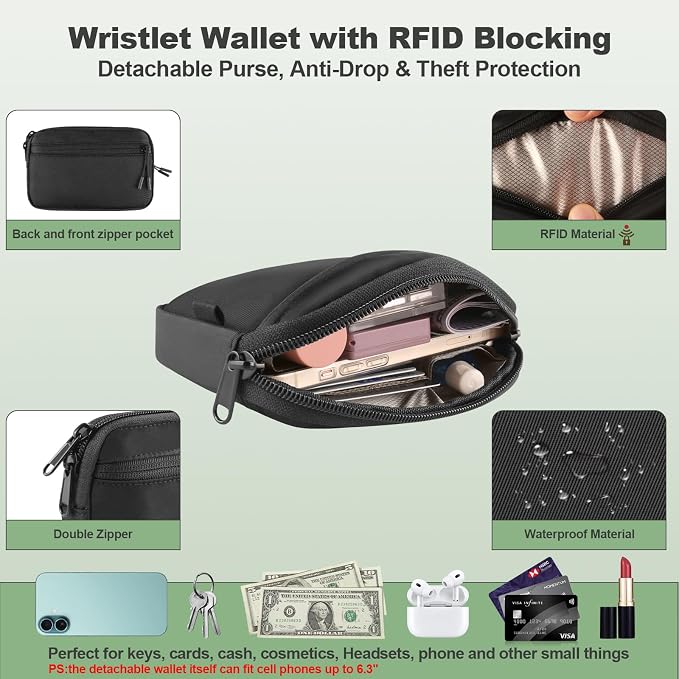 YFWE Clip and Go Strap for Phone with Wallet Crossbody, Adjustable Phone Lanyard with Detachable RFID Wristlet Wallet, Universal Phone Strap with 360° Rotatable Phone Tabs for All Phones (Black)