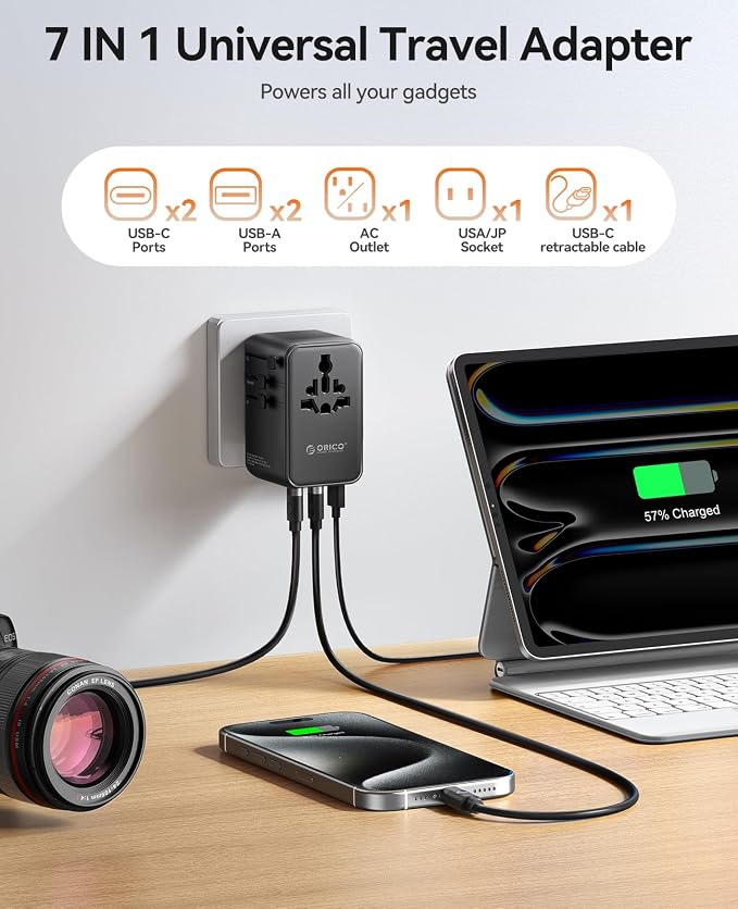 ORICO Universal Travel Adapter 70W GaN International Power Adapter | 7 in 1 (2 AC, 3 USB-C, 2 USB-A) European Travel Plug Adapter, Built-in Retractable USB-C Cable for Eu UK AU 200+ Countries