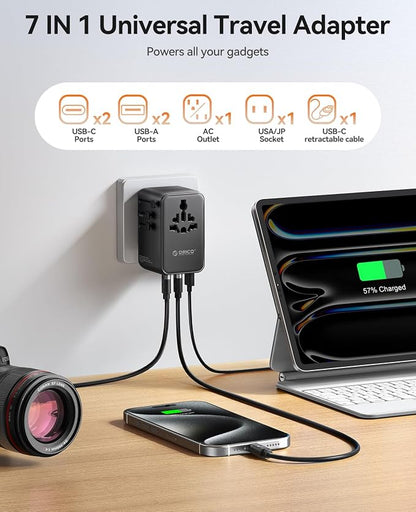 ORICO Universal Travel Adapter 100W GaN International Power Adapter | 7 in 1 (2 AC, 3 USB-C, 2 USB-A) European Travel Plug Adapter, Built-in Retractable USB-C Cable for Eu UK AU 200+ Countries