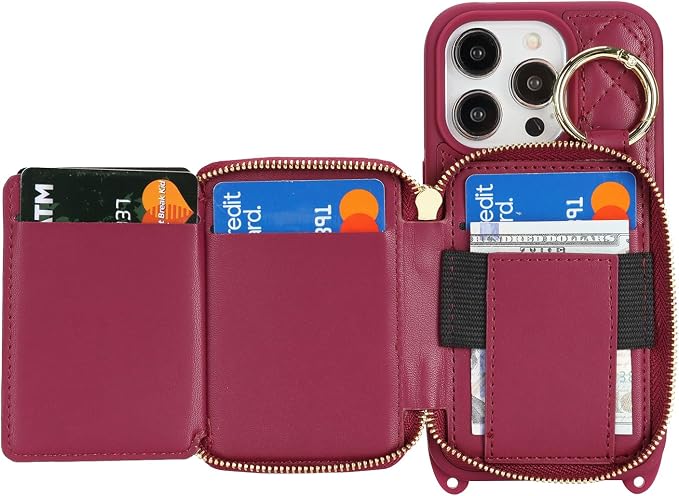 Crossbody Wallet Case for iPhone 14 Pro, PU Leather Zipper Handbag Purse Flip Cover, Kickstand Folio Case with Card Slots Holder Wrist Strap Lanyard 5G 6.1 Inch-Dark red