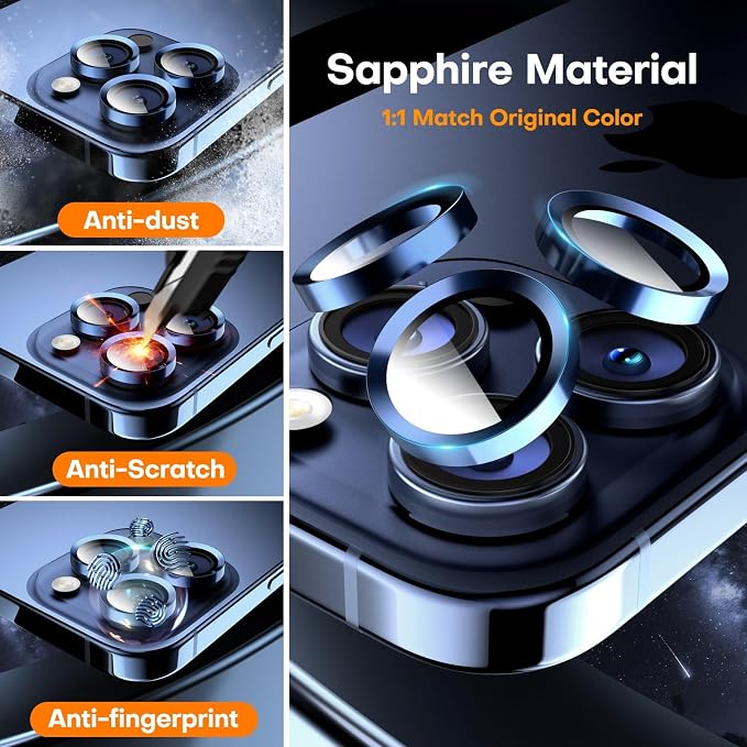 Camera Lens Protector for iPhone 17 Pro Max/17 Pro/16 Pro Max/16 Pro/15 Pro Max/15 Pro/14 Pro Max/14 Pro, Tempered Glass Metal Individual Camera Cover[Anti-drop] Case Friendly-Blue Titanium