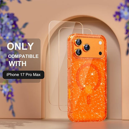 Choiche Magnetic for iPhone 17 Pro Max Case Compatible with MagSafe, Women Cute Glitter Sparkly Phone Case with Diamond Camera Lens Protectors, Military-Grade Drop Protection 6.9" (Orange)
