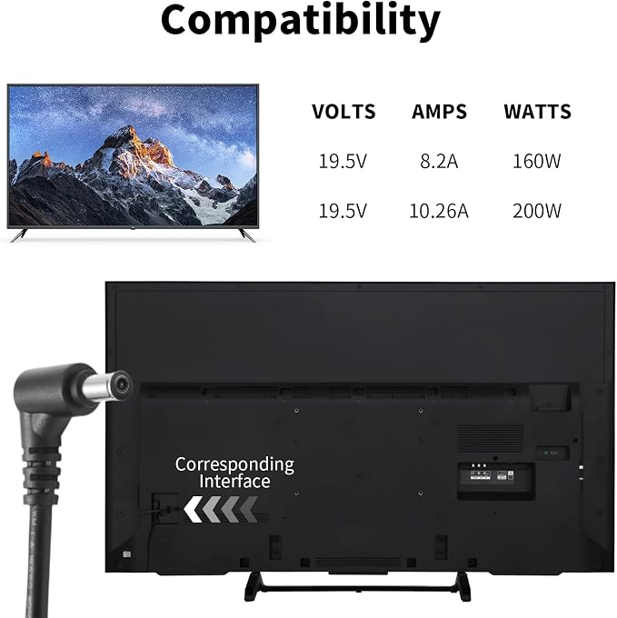 19.5V 10.26A Adapter Compatible with 19.5V 8.21A AC/DC Adapter Compatible with Sony TV XBR-55X850D,ACDP-160E01 KD-49X706E KD-49X727E LCD TV Power Supply Cord Cable PS Wall Home Charger Mains PSU