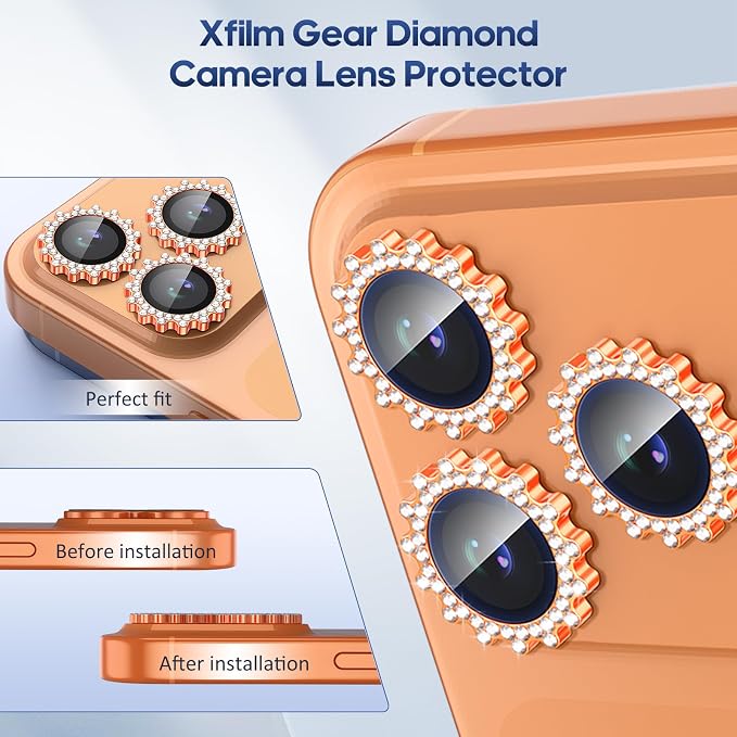 Xfilm for iPhone 17 Pro / 17 Pro Max Camera Lens Protector Gear Bling Diamond, Individual Metal with 9H Hardness, Scratch-Proof Camera Screen Protector, Stylish Accessories, Case Friendly (Orange)