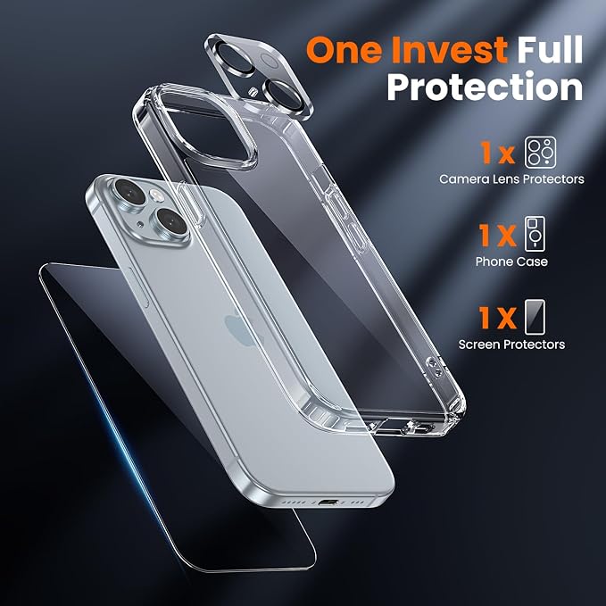 3 in 1 for iPhone 15 Plus Case Clear,[Yellowing-Resistant Acrylic Back] Screen Protector *1 & Camera Lens Protector*1, Shockproof for iPhone 15 Plus Phone Case 6.7 inch Clear