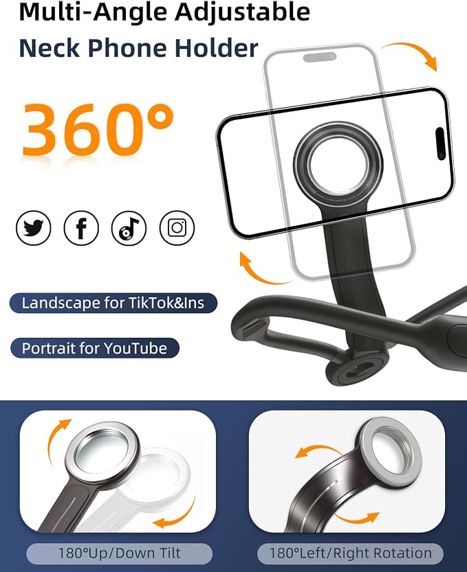 Magnetic Neck Phone Holder for Recording, Neck Mount Phone Holder for POV/Vlog/Video Content Creator/Ktichen, Hands Free Around Neck Mount for iPhone 17 16 15 14 13 12 Android Cell Phones