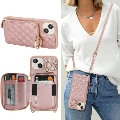 Crossbody Wallet Case for iPhone 14, PU Leather Zipper Handbag Purse Flip Cover, Kickstand Folio Case with Card Slots Holder Wrist Strap Lanyard 5G 6.1 Inch-Rose Gold