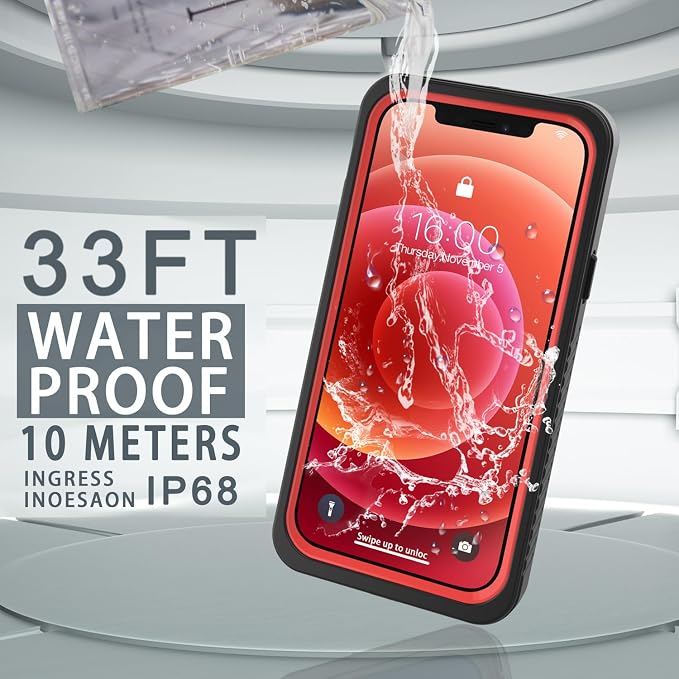 Diverbox for iPhone 12 Waterproof Case,Waterproof Shockproof Dustproof IP68 Full-Body Hard Case Built-in Screen Protector Underwater Outdoor Waterproof Cover for iPhone 12,6.1 in (Red)