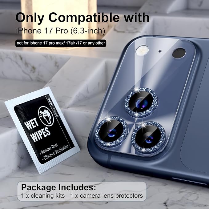 Choiche Compatible for iPhone 17 Pro Camera Lens Protector, Bling Camera Cover with 9H Tempered Glass Lens Screen Protector Metal Ring Decoration Accessories 6.3-inch (Light-Blue)