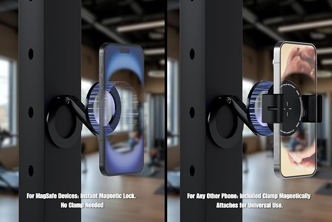 Magnetic Phone Holder for Gym, MagSafe iPhone & Android – Dual Magnet Mount with Universal Clamp, Attaches to Squat Racks & Metal Equipment, Workout Recording Accessory for Men & Women, Black