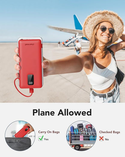charmast Portable Charger,Power Bank Built-in Cables and AC Wall Plug,10000mAh USB C Fast Charging,External Battery Pack Slim,Travel Essentials Compatible with iPhone,iPad,Samsung,Android