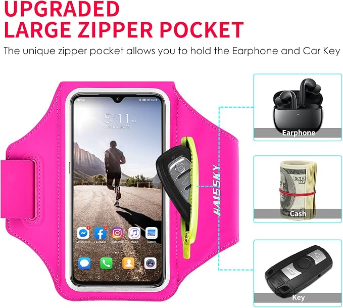 Running Armband with Earphone Bag Cell Phone Armband for iPhone 17 16 15 Pro 14 Plus 13 11 XR, Galaxy S24/S10 Water Resistant Sports Phone Holder Case & Zipper Slot Car Key Holder for 6.7 inch Phone