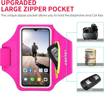 Running Armband with Earphone Bag Cell Phone Armband for iPhone 17 16 15 Pro 14 Plus 13 11 XR, Galaxy S24/S10 Water Resistant Sports Phone Holder Case & Zipper Slot Car Key Holder for 6.7 inch Phone