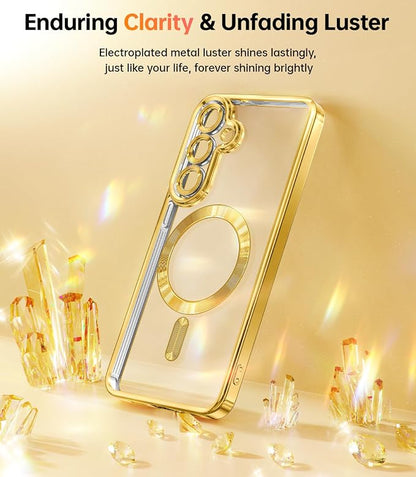 Meifigno Designed for Samsung Galaxy S25 Plus Case, [Compatible with MagSafe] [2X HD Screen Protectors] [Glitter Card & Wrist Strap] Surround Raised Lens Protection Case for S25 Plus 6.7", Gold
