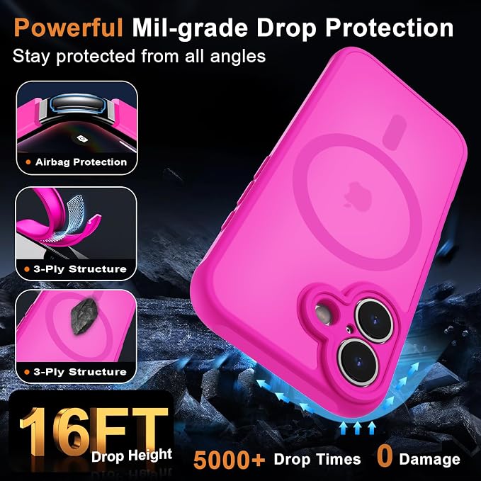 MOCCA Magnetic for iPhone 17 Case, (Compatible with Magsafe) (16FT Military Grade Protection) Full Camera Protection Anti-Fingerprint Slim Translucent Matte Phone Cover 6.3",Hot Pink