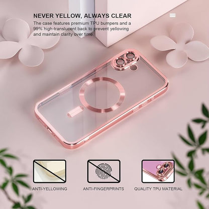 Misea Magnetic for iPhone 16 Case Compatible with MagSafe [Never Yellowing] [Military Grade Drop Protection] Full Camera Lens Protector Plating Soft Clear Phone Case for Women 6.1 inch, Pink