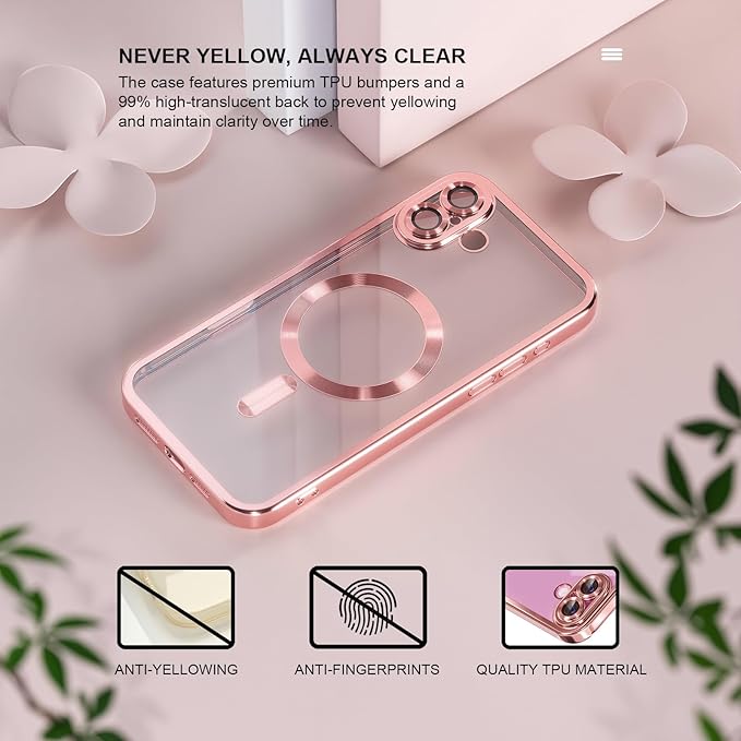 Misea Magnetic for iPhone 16 Plus Case Compatible with MagSafe [Never Yellowing] [Military Grade Drop Protection] Full Camera Lens Protector Plating Soft Clear Phone Case for Women 6.7", Pink