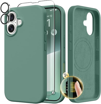 GONEZ Magnetic for iPhone 17 Case, Compatible with MagSafe, [Screen Protector + Camera Lens Protector], Liquid Silicone Anti-Scratch Shockproof Protective Phone Case 6.3 inch, Midnight Green