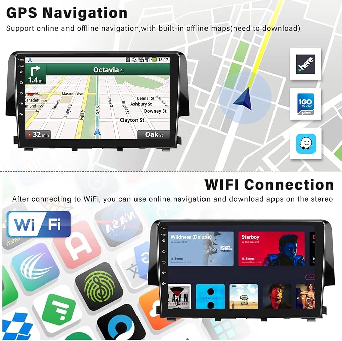 Android 13 Car Stereo Radio for Honda Civic 2016 2017 2018 2019 2020 with Wireless CarPlay Android Auto 1G+32G 9 Inch Touchscreen Bluetooth GPS Navigation WiFi HiFi FM Backup Camera MIC
