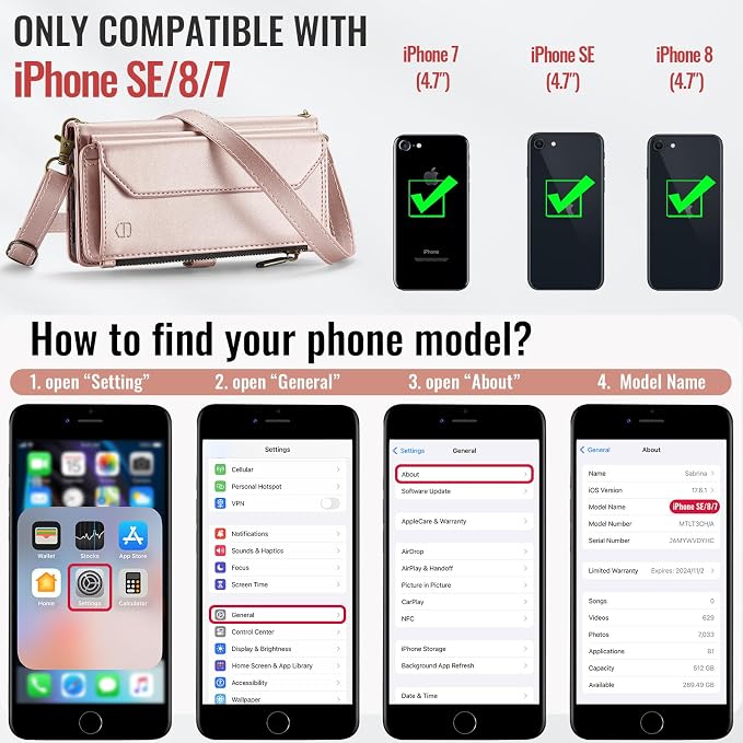 Strapurs Crossbody Wallet Case Compatible with iPhone SE/7/8 RFID Blocking 7-Card Holder Soft PU Leather Magnetic Snap Shoulder Strap Zipper Pocket Phone Cases Fit for iPhone SE 2020 2022 - Rose Gold
