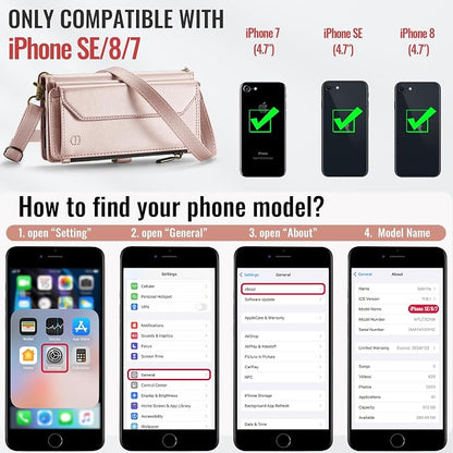 Strapurs Crossbody Wallet Case Compatible with iPhone SE/7/8 RFID Blocking 7-Card Holder Soft PU Leather Magnetic Snap Shoulder Strap Zipper Pocket Phone Cases Fit for iPhone SE 2020 2022 - Rose Gold