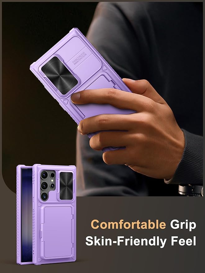 Vihibii for Samsung Galaxy S23 Ultra Case Wallet, Built-in Card Holder, Slide Camera Cover & Stand, Raised Edges Protect Screen & Military Grade Drop Protection Case for Galaxy S23 Ultra, Light Purple