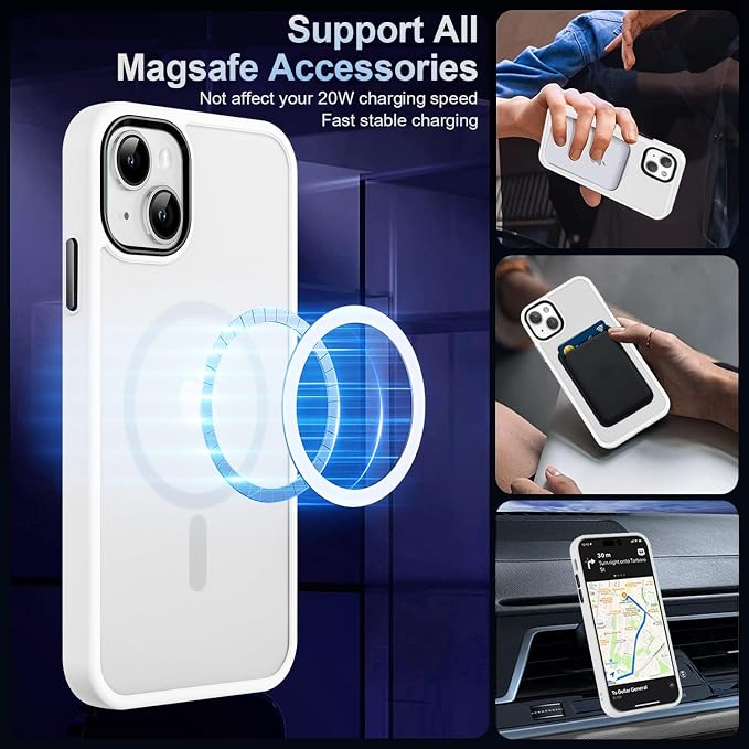 MOCCA Strong Magnetic for iPhone 13 Case, [Compatible with Magsafe][Screen Protector+Camera Lens Protector] Translucent Matte Back Slim Shockproof Case for iPhone 13 Phone Case 6.1", Frosted White