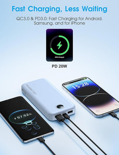 Portable Charger with Built-in Cables and Wall Plug, 10000mAh PD20W USB C Power Bank Fast Charging with LED Display, External Battery Pack Travel Essentials Compatible with iPhone, iPad, Samsung Blue